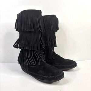 Minnetonka Black Suede 3-Layer Fringe Moccasin Boots Size 10